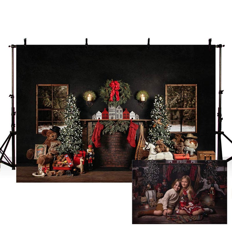 MEHOFOND 7x5ft Christmas Photography Background Christmas Tree with Fireplace Wreath Stocking Black Backdrops Winter Xmas Birthday Holiday Party Decoration Banner Photo Portrait Props - Image 1